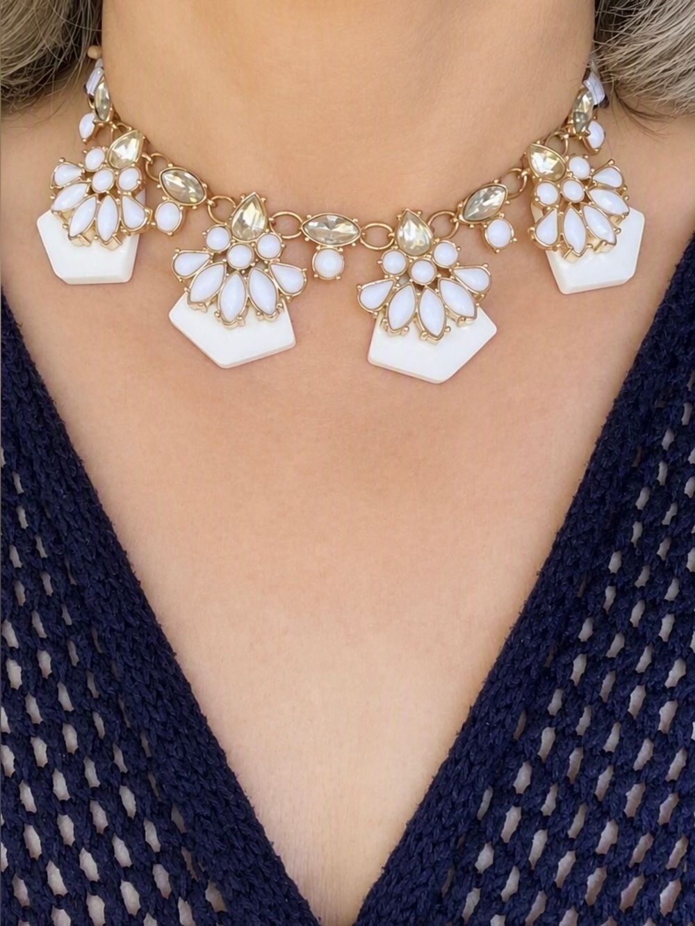 Avon 2018 Seaside Stripes Statement Necklace White Navy Cream